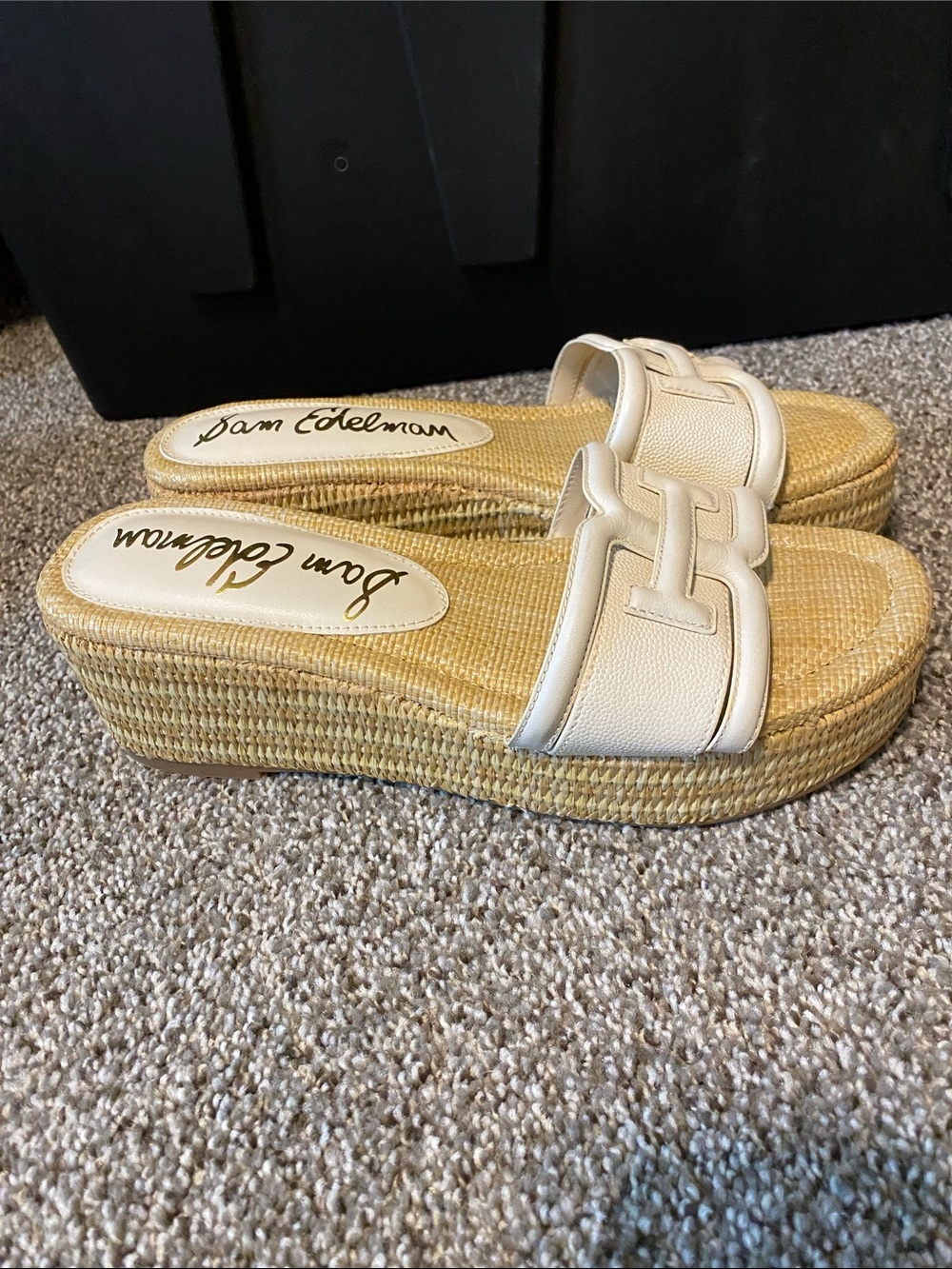Sam Edelman White Leather Raffia Platform Slides - Picture 6 of 10